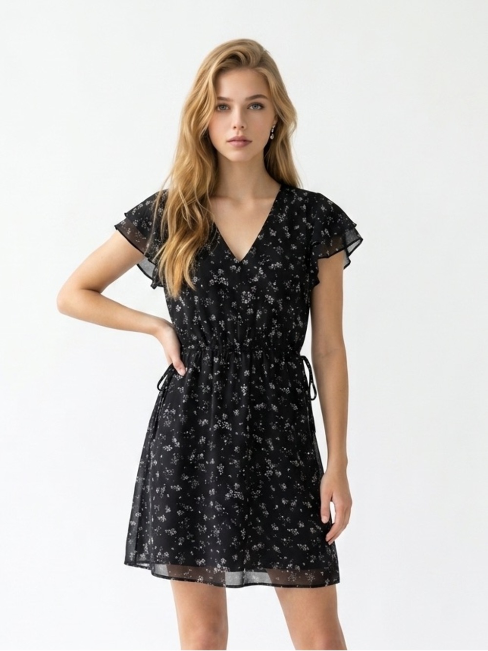 H&M Black Floral Flutter Sleeve Tie Waist Dress Size 6